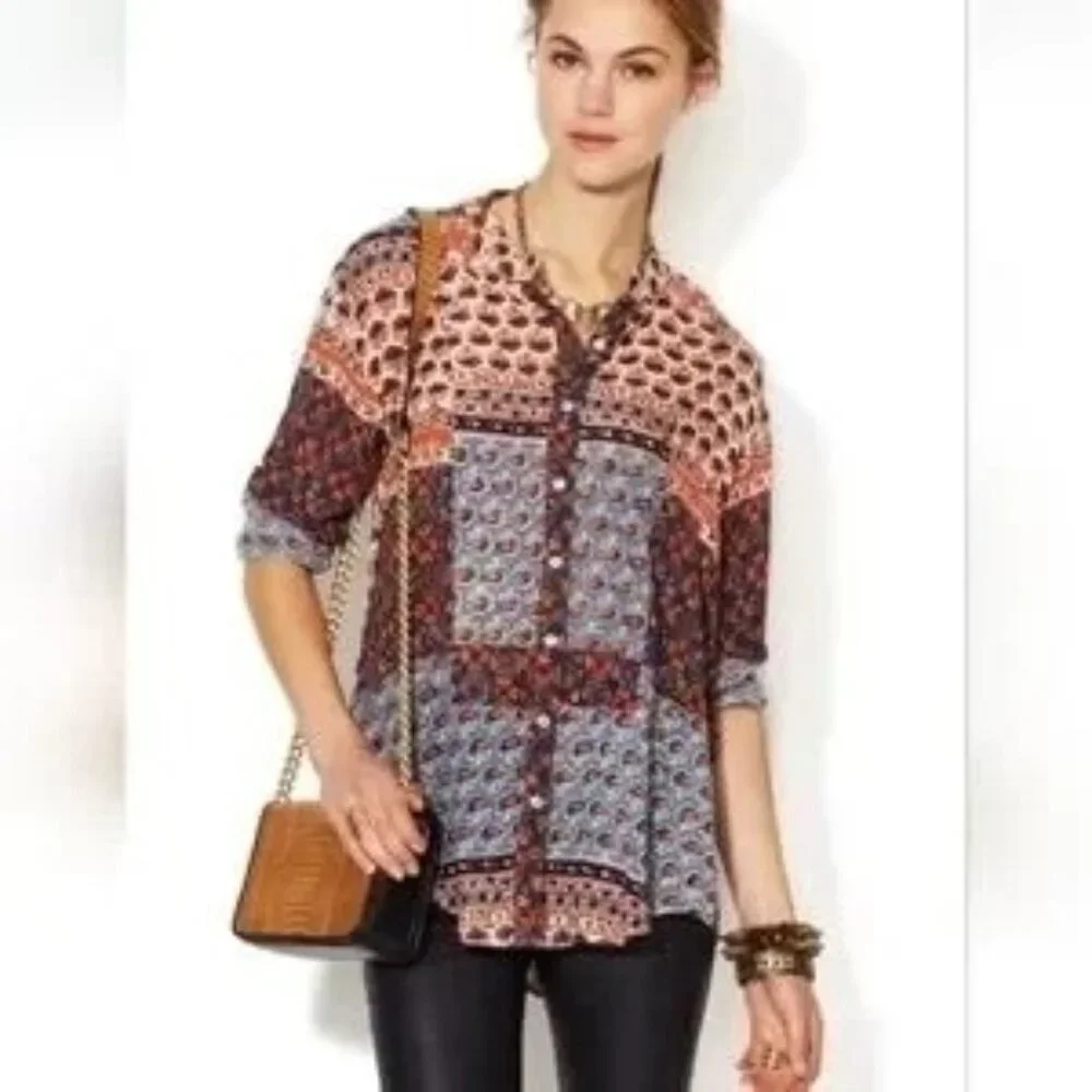 Free People Caravan Patchwork Button Down Top